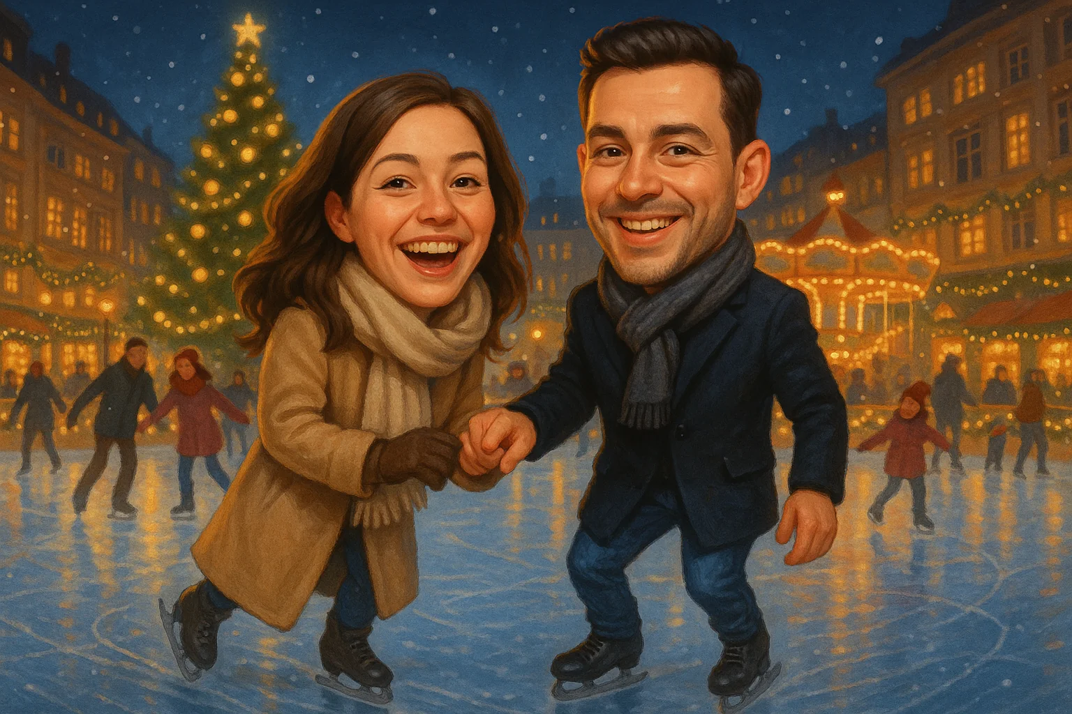 Коледна карикатура за двойка с кънки