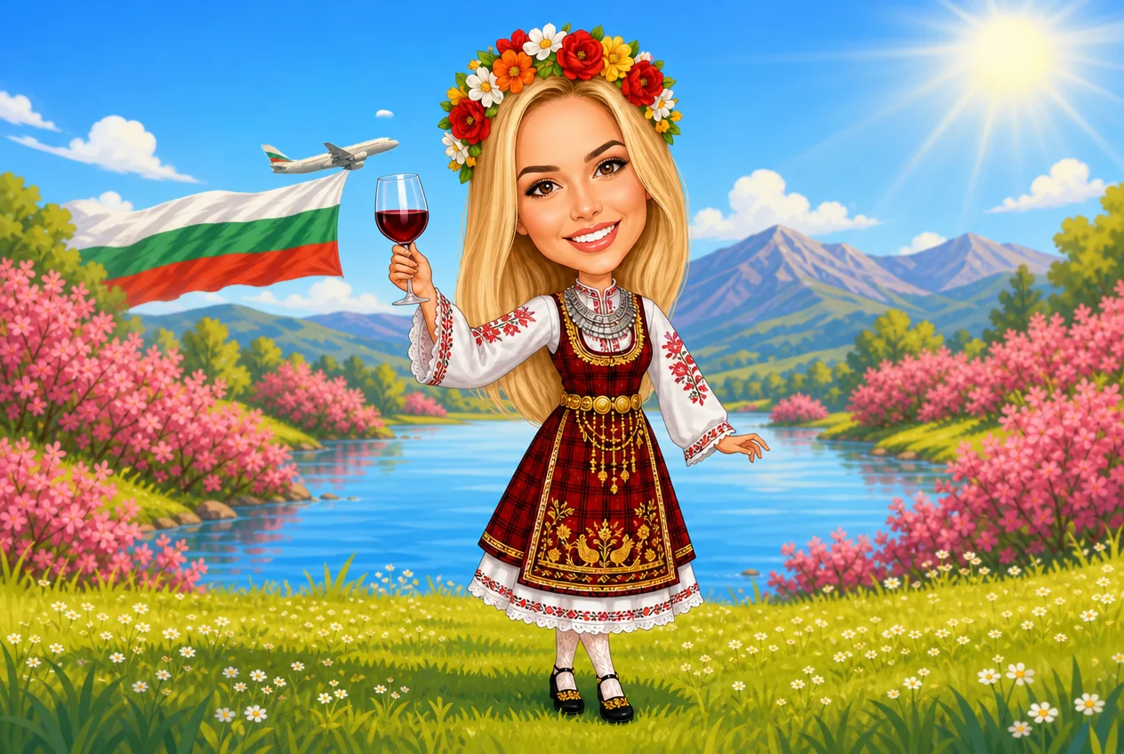 Карикатура за жена с народна носия и знаме 