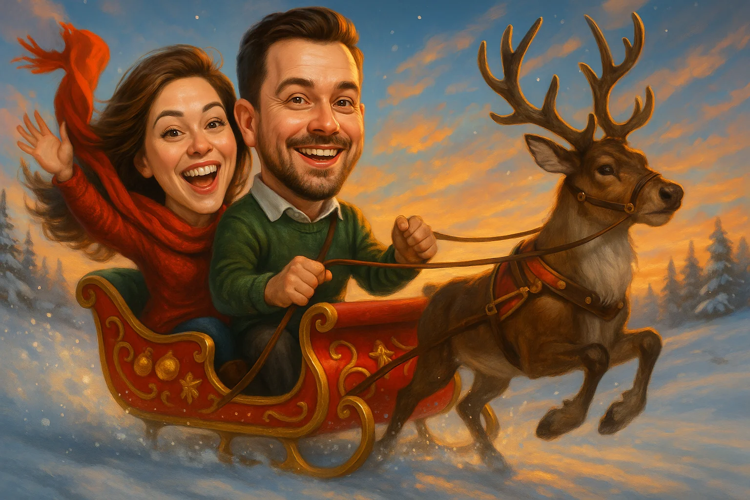 Коледна карикатура за двойка с шейна и елени