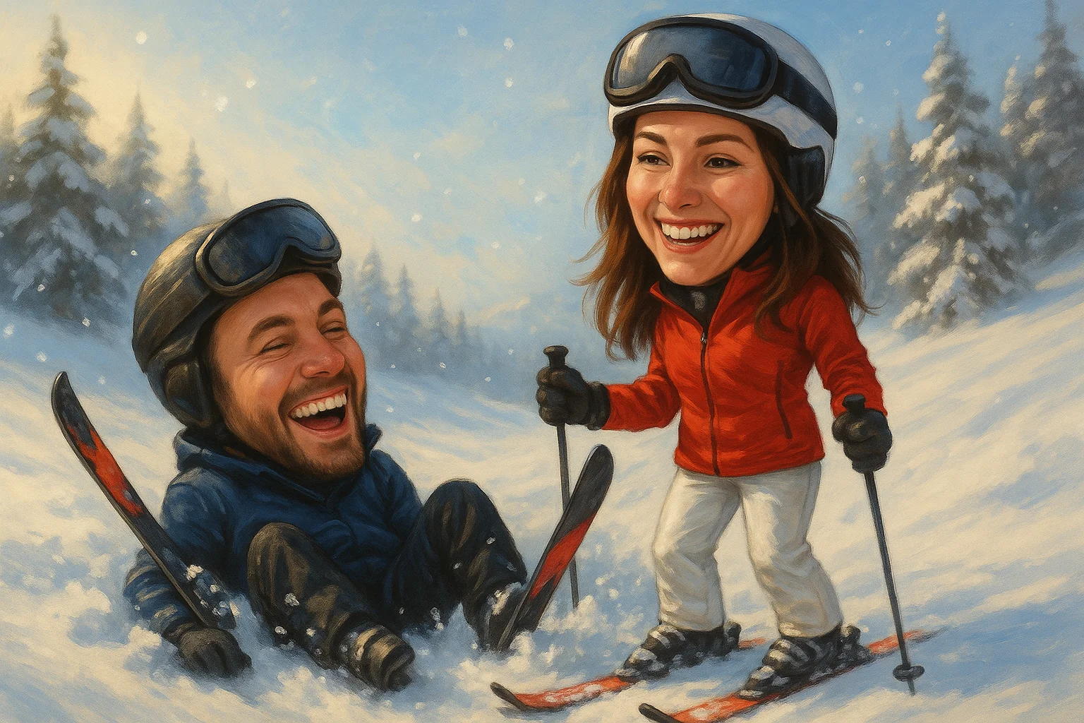 Карикатура за двойка на ски