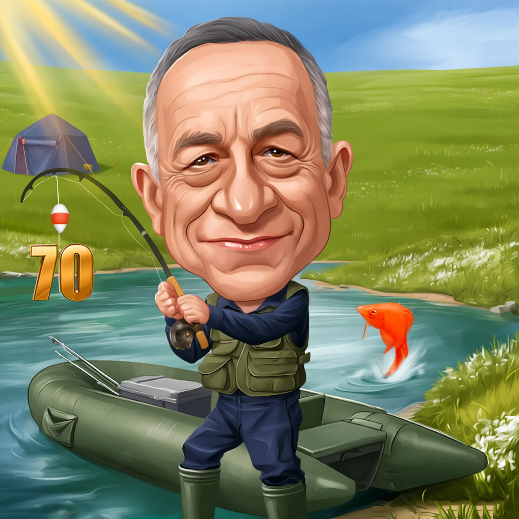 Карикатура за юбилей на рибар на язовир